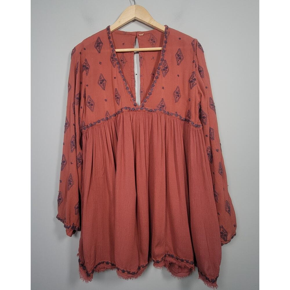 Free People S/M Rust Boho Embroidered V Neck Bell Sleeve Top